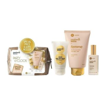 Panthenol Extra Party O’Clock Femme 3 in 1 Cleanser Αφρόλουτρο-Σαμπουάν 200ml + Femme Eau De Toilette Γυναικείο Άρωμα 50ml + Gold Peel Off Mask Μάσκα Προσώπου για Σύσφιξη 75ml + Δώρο Νεσεσέρ