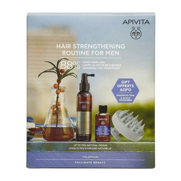 Apivita Promo Pack Hair Strengthening Routine for Men Λοσιόν κατά της Τριχόπτωσης 150ml + Τονωτικό Σαμπουάν 75ml + Δώρο Scalp Brush Massager 