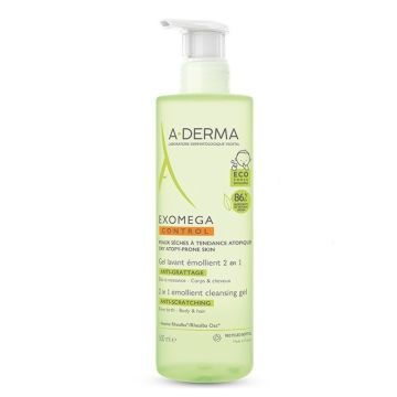 A-Derma Exomega Gel Lavant Emollient 2 en 1 Μαλακτικό Τζελ Καθαρισμού 2 σε 1 για το Ατοπικό Δέρμα με Αντλία για Μαλλιά & Σώμα, 500ml