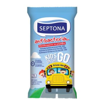 Septona Antibacterial Kids On The Go Αντιβακτηριακά Παιδικά Υγρά Μαντηλάκια Χεριών, 15τεμ