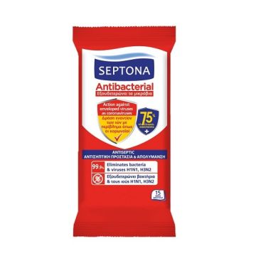 Septona Antibacterial Μαντηλάκια Χεριών 75% Οινόπνευμα Με Δράση Εναντίον των Ιών 15τμχ
