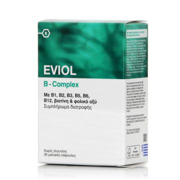 Eviol B-Complex-Συμπλήρωμα Διατροφής με σύμπλεγμα βιταμινών Β, βιοτίνη και φολικό οξύ, 30caps