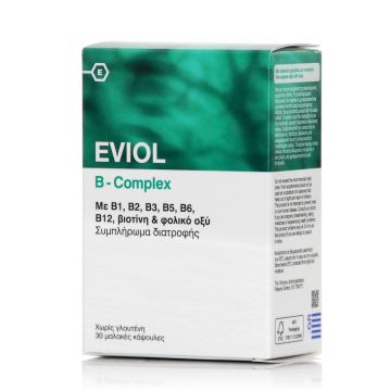 Eviol B-Complex-Συμπλήρωμα Διατροφής με σύμπλεγμα βιταμινών Β, βιοτίνη και φολικό οξύ, 30caps