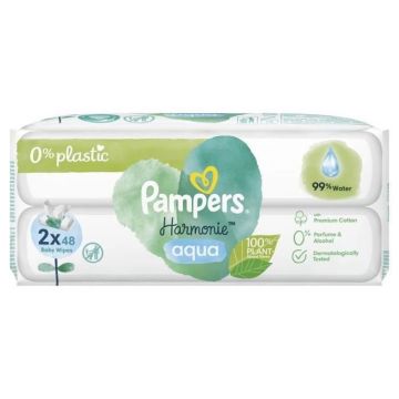 Pampers Harmonie Aqua Μωρομάντηλα με 99% Νερό, χωρίς Οινόπνευμα & Άρωμα 2x48τμχ