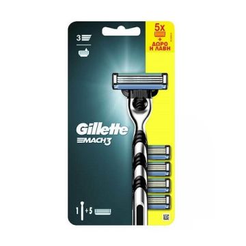 Gillette Mach3 Ανταλλακτικές Κεφαλές Ξυρίσματος 5τμχ + Δώρο Λαβή Ξυριστικής Μηχανής Mach3 1τμχ