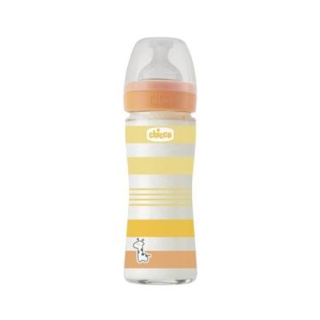 Chicco Well Being Γυάλινο Μπιμπερό με Θηλή Σιλικόνης 0m+ Πορτοκαλί - Κίτρινο 240ml 