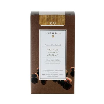 Korres Argan Oil Advanced Colorant 8.0 Ξανθό Ανοιχτό Μόνιμη Βαφή Μαλλιών με Τεχνολογία Pigment Lock που κλειδώνει το Χρώμα