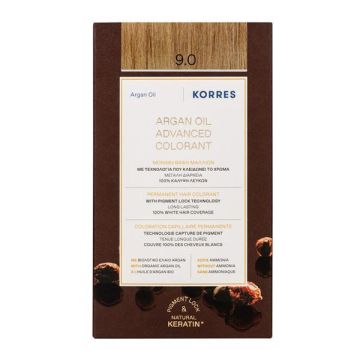 Korres Argan Oil Advanced Colorant 9.0 Ξανθό Πολύ Ανοιχτό Μόνιμη Βαφή Μαλλιών με Τεχνολογία Pigment Lock που κλειδώνει το Χρώμα