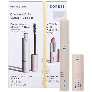 Korres Conscious Color Set Drama Volume Μάσκαρα για Έντονο Μήκος & Όγκο 13ml & True Velvety Κραγιόν 13 Nude Pink 3g, 1σετ