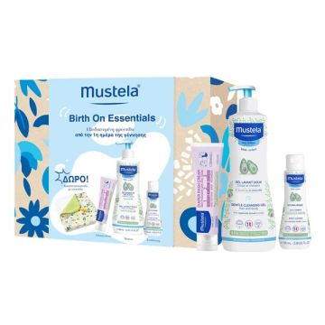 Mustela Promo Birth On Essentials με Gel Lavant Doux 500ml + Κρέμα Αλλαγής Πάνας 100ml + Ενυδατικό Γαλάκτωμα 100ml + Δώρο Βρεφικό Μπουρνούζι