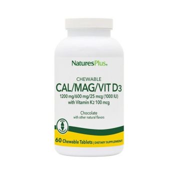 Nature's Plus Cal/Mag/Vit D3 60 Μασώμενες Ταμπλέτες με Γεύση Σοκολάτα με Ασβέστιο 1200mg Μαγνήσιο 600mg D 1000iu + K 100mcg 