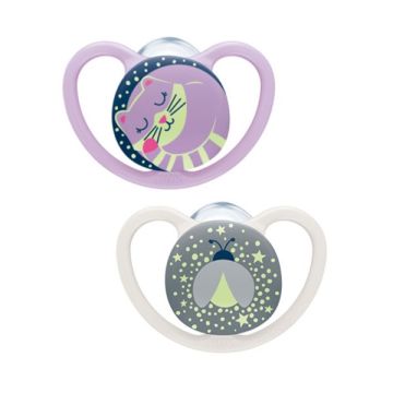 Nuk Space Night Πιπίλες Σιλικόνης 6-18m Σιλικόνης Γατούλα & Μέλισσα 2τμχ